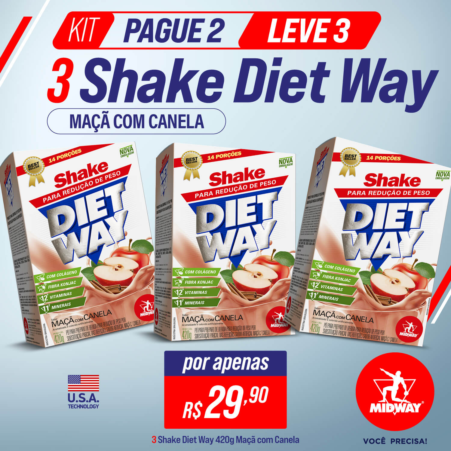KIT Pague 2 Leve 3 Shake Diet Way 420 g Maçã com Canela 420g  Maça com Canela
